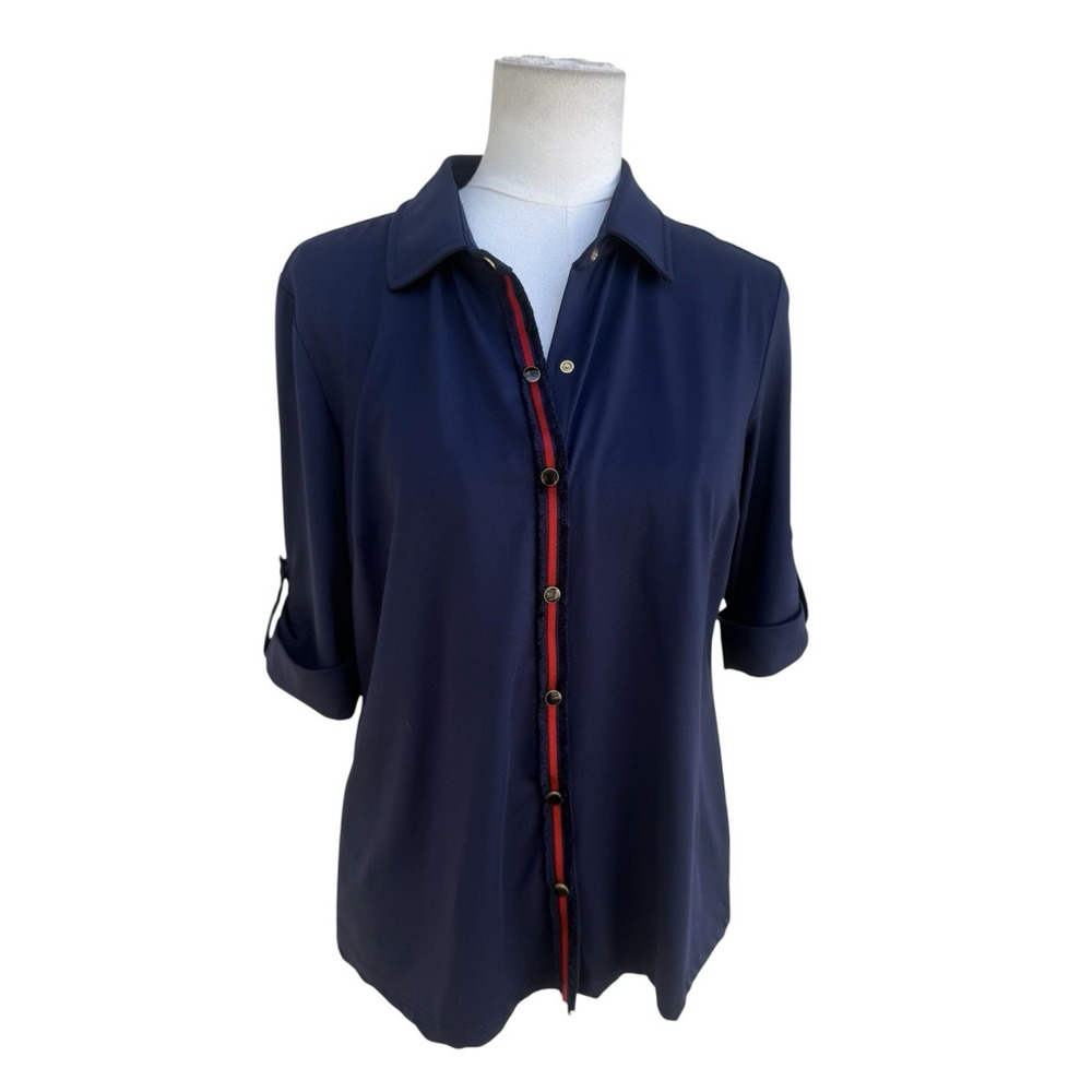 J. McLaughlin Stanford Top M NWT Navy Red Stripe Roll Tab Sleeve Shirt